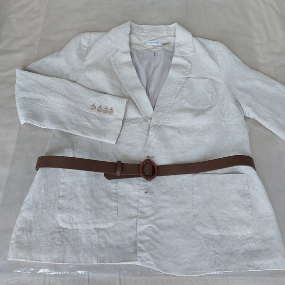 Calvin Klein Beige Linen Blend Blazer With Belt – Size 12 - Picture 3 of 14